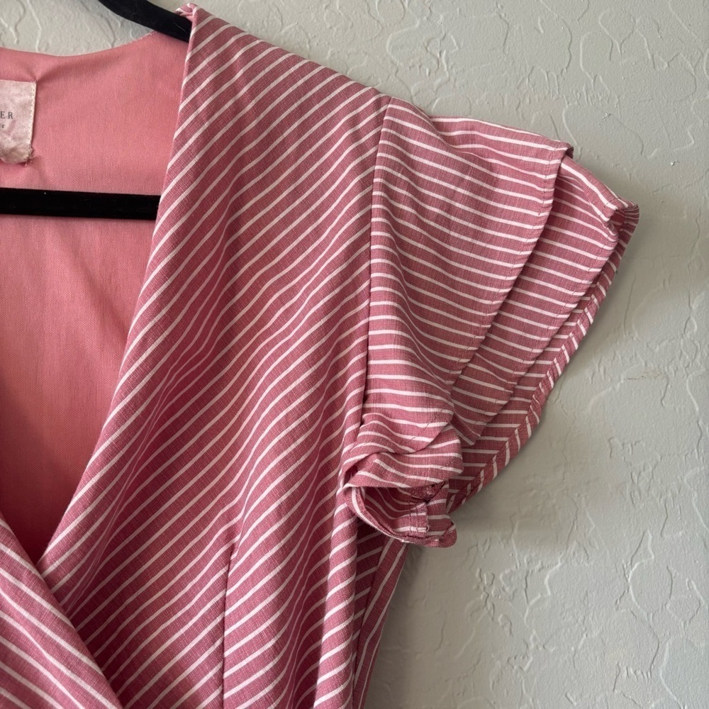Francesca’s Harper Heritage Pink White Striped Ruffle Sleeve Wrap Dress Large - Picture 9 of 12